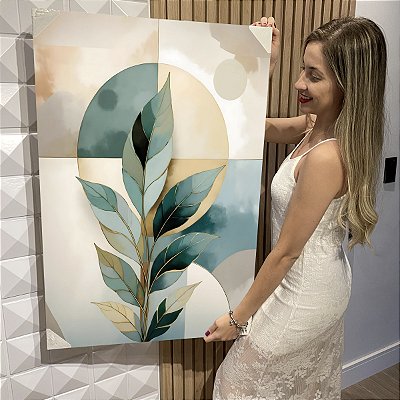 Quadro Decorativo Flutuante Folhas Esverdeadas e Fundo Abstrato Vertical