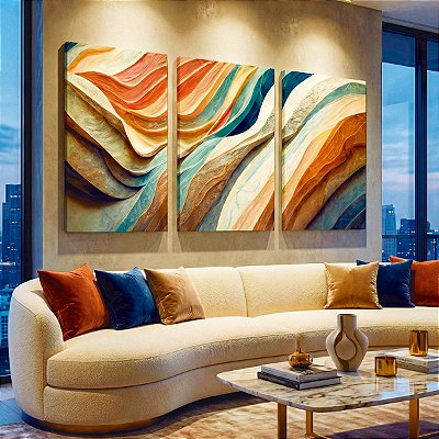 Quadro Decorativo Trio em Canvas Ondas Coloridas Luxo