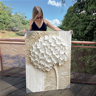Quadro Decorativo Canvas Floral Abstrato Branco Hortência Vertical