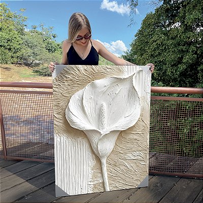 Quadro Decorativo Canvas Floral Abstrato Branco Copo-de-Leite Vertical