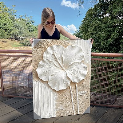 Quadro Decorativo Canvas Floral Abstrato Branco Flor de Hibisco Vertical