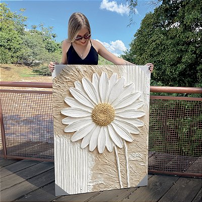 Quadro Decorativo Canvas Floral Abstrato Branco Margarida Vertical