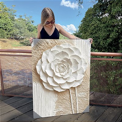 Quadro Decorativo Canvas Floral Abstrato Branco Camélia Vertical