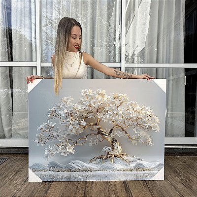 Quadro Decorativo Canvas Árvore da Vida Branco e Dourado Horizontal