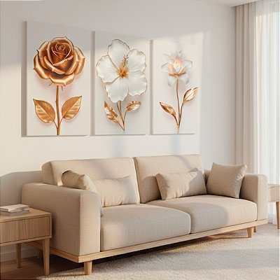 Quadro Decorativo Trio Floral Dourado e Branco Luxo Luxo