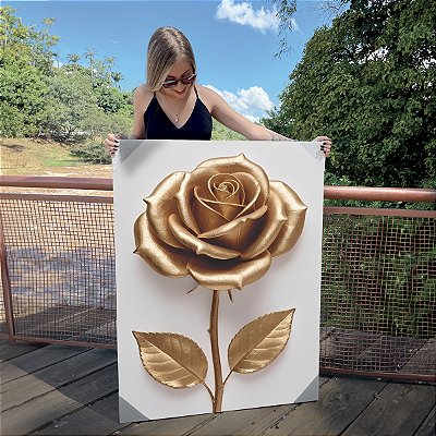 Quadro Decorativo Canvas Floral Rosa Dourada Brilhante Luxo