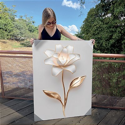 Quadro Decorativo Canvas Floral Lírio Branco e Dourado Luxo