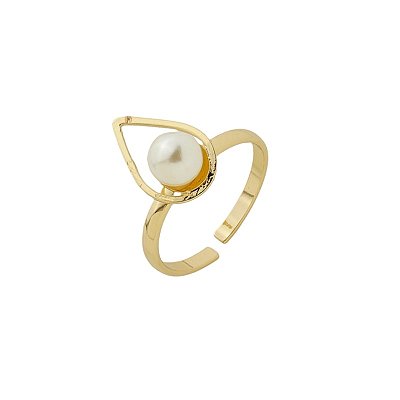 Anel Ajustável Gota Vazada com Pérola Ouro