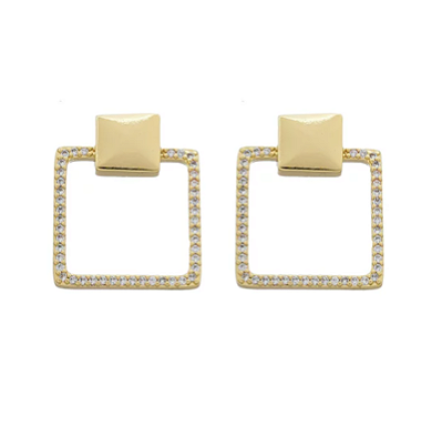 Brinco Geométrico Quadrado Cravejado Ouro