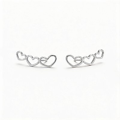 Brinco Ear Cuff Três Corações Vazados Prata