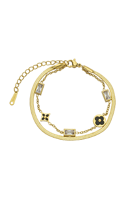 Pulseira Dupla Inspiração Aço Inox Dourado Ônix