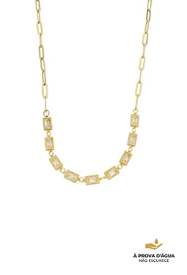 Colar com Elos e Pedras Baguete Aço Dourado