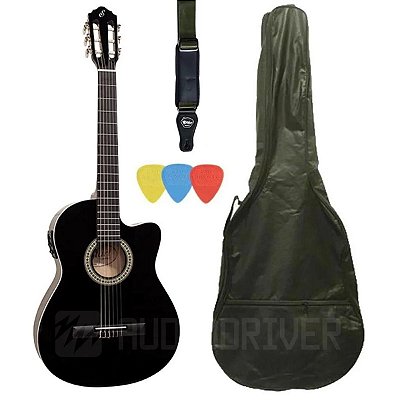 Kit Violão Elétrico Nylon Flat NF-14 CEQ BK Giannini + Capa +. Correia + Palhetas