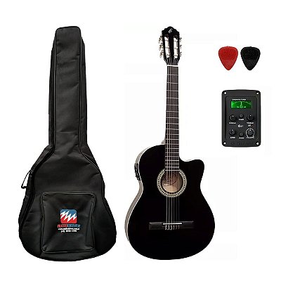 Kit Violão Elétrico Nylon Flat NF-14 CEQ BK Giannini + Capa + Afinador + 2 Palhetas