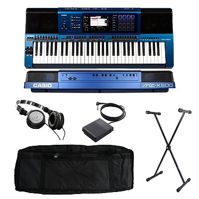 Kit Teclado Casio Arranjador e Sintetizador MZ-X500 61 Teclas Azul com Capa estofada, Suporte, Pedal Sustain e Fone