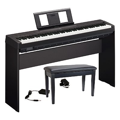 Kit Piano Digital Yamaha P-45B com Fonte, Pedal, Estante e Banco