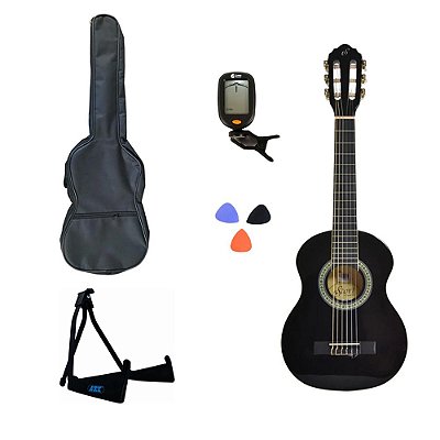 Violão Infantil Nylon tamanho 30" NR BK Preto com Afinador Capa Suporte e 3 palhetas