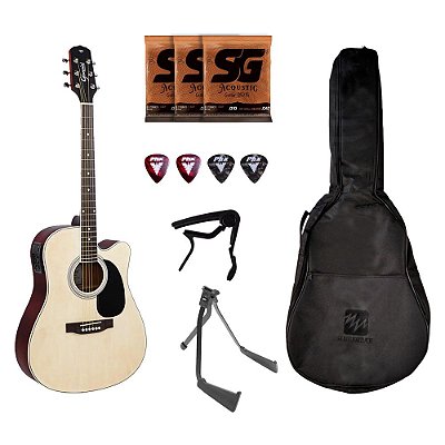 Kit Violão Elétrico Giannini GF-1C CEQ N + Capa Luxo + Capo + 4 Palhetas + Suporte + 3 Encordoamentos