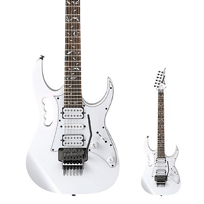 Guitarra Super Strato HSH Micro Afinação Ibanez JEMJR WH Steve Vai Signature White com Ponte Double Locking Tremolo