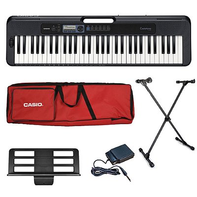 Kit Teclado Casio CT-S300 com Suporte em X Capa Luxo Vermelha e Pedal P