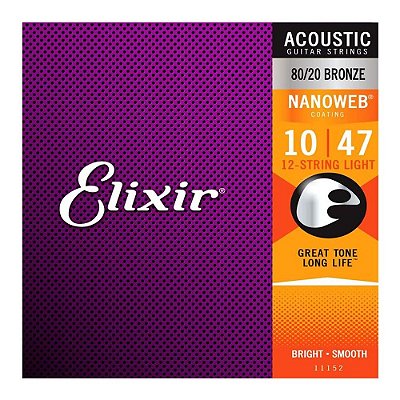 Encordoamento Elixir para Violão 12 Cordas Aço 010 - 047 Nanoweb 80/20 Bronze Light #Progressivo