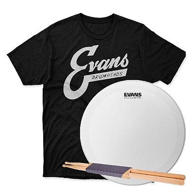 Kit Pele para Caixa 14” Evans HD Dry + Par de Baquetas + Camiseta