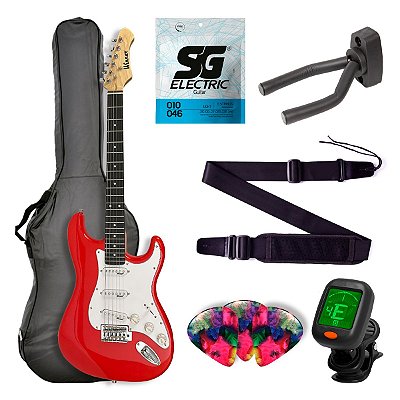 Kit Guitarra Strato Winner WGS Vermelha + Capa, Afinador, Palhetas, Alça, Suporte e Encordoamento Extra