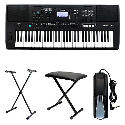 Kit Teclado Yamaha PSR-E473 com Suporte, Banco e Pedal Sustain