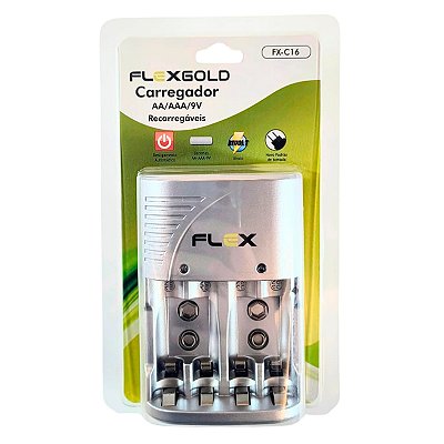 Carregador de Pilhas AA, AAA e 9V Flex Gold FX-C16 Bivolt