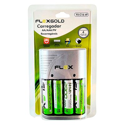 Kit Carregador com 4 Pilhas AA Flex Gold FX-C16-4P Bivolt