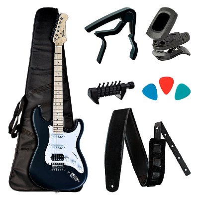 Guitarra Strato Shelter SSW Preta Fosca com Acessórios - Kit Start