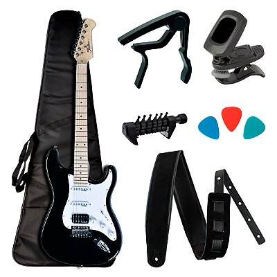 Guitarra Strato Shelter SSW Preta com Acessórios - Kit Start