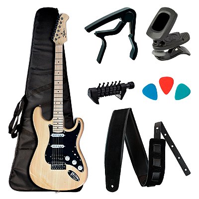 Guitarra Strato Shelter SSW Natural com Acessórios - Kit Start
