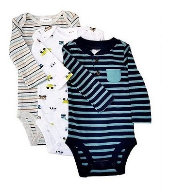 Kit com 3 Bodies Carter's Manga Longa - Listrados - 6-9 meses