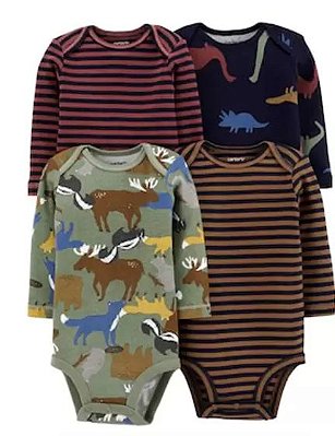 Kit com 4 Bodies Carter's Manga Longa - Dinossauro