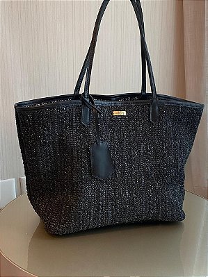 Bag Palha Preta com Couro Preto