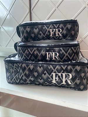 Kit Organizador de Viagem Personalizado Estampa Losango Preto e Cinza