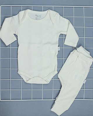 Conjunto Body Manga Longa e Calça em Suedine Bebê Off White