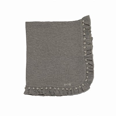 Manta em Tricot Babado e Pompom Cinza
