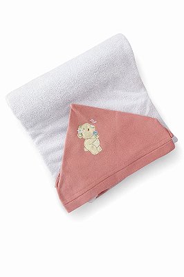 Toalha de Banho Bebê Branco Com Capuz Rose Ursinhos