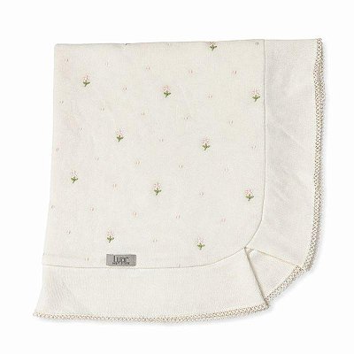 Manta Tricotil Babado Off White com Bordado Flor Nina