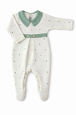 Macacão Tricotil Off White com Gola Verde Botões e Poá Verde