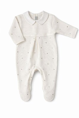 Macacão Tricotil Off White Nervura com Poá Azul e Bege