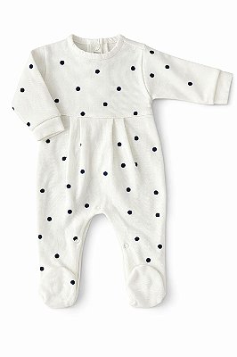 Macacão Tricotil Off White com Poá Azul Marinho