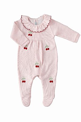 Macacão em Tricotil Rosa Gola Babado e Bordado Cerejinha