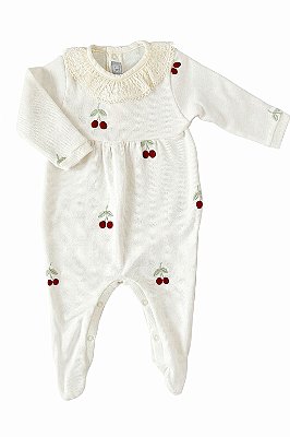 Macacão em Tricotil Off Gola Casinha Bordado Cerejinha