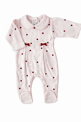 Macacão em Tricotil Rosa com Gola Bordado Poá e Laços Vermelhos