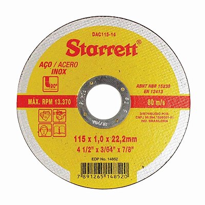 Disco de Corte Aço Inox 115mm x 1,0mm 22,23 mm STARRETT
