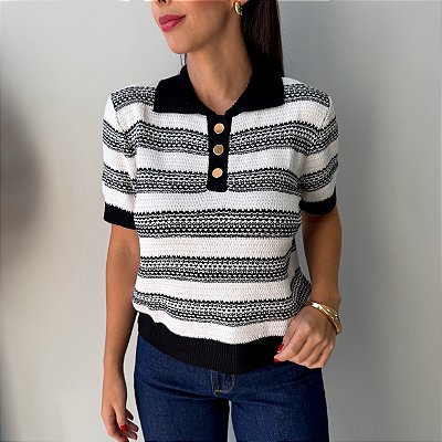 Blusa Tricot Polo Old Money Preta