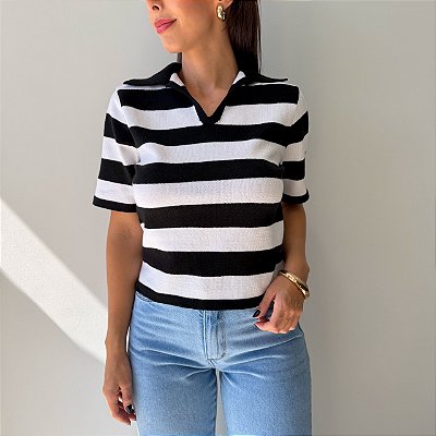 Blusa Polo Beatriz Listrada Preta